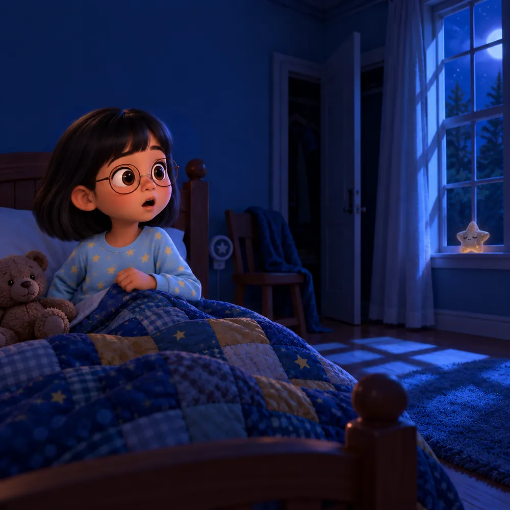 A child sitting up in bed as a tiny glowing star lands on the windowsill