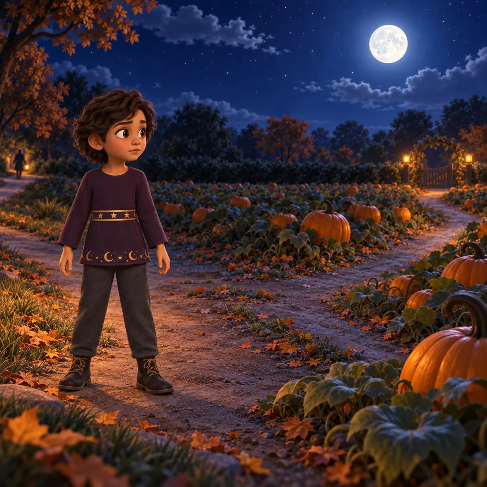A child looking toward a moonlit pumpkin patch on Halloween night